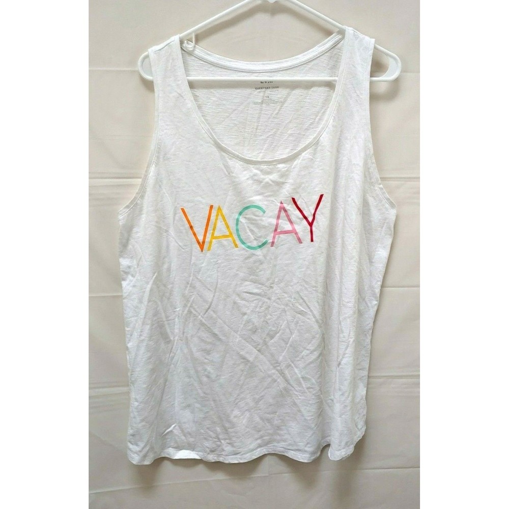 EVRI Womens Tank Top Sz 1X Vacay White Sleeveless Cotton Supersoft Vacation
